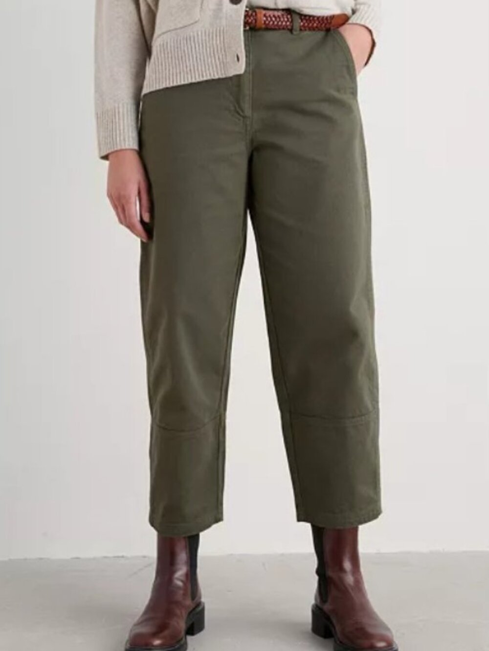Seasalt Cornwall Organic Cotton Barrel Leg Cropped Pants Olive Size 4
